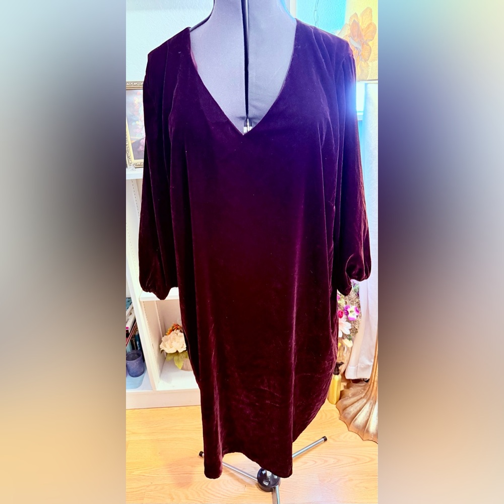 Lauren Ralph Lauren Velvet Dress 22W Plum Burgundy – Gathered Sleeves – Holiday